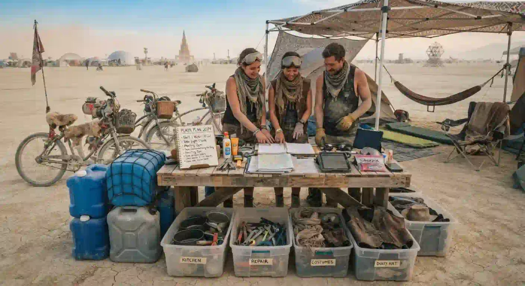 Participant at Burning Man organizing survival essentials and layered clothing for windy dusty playa conditions