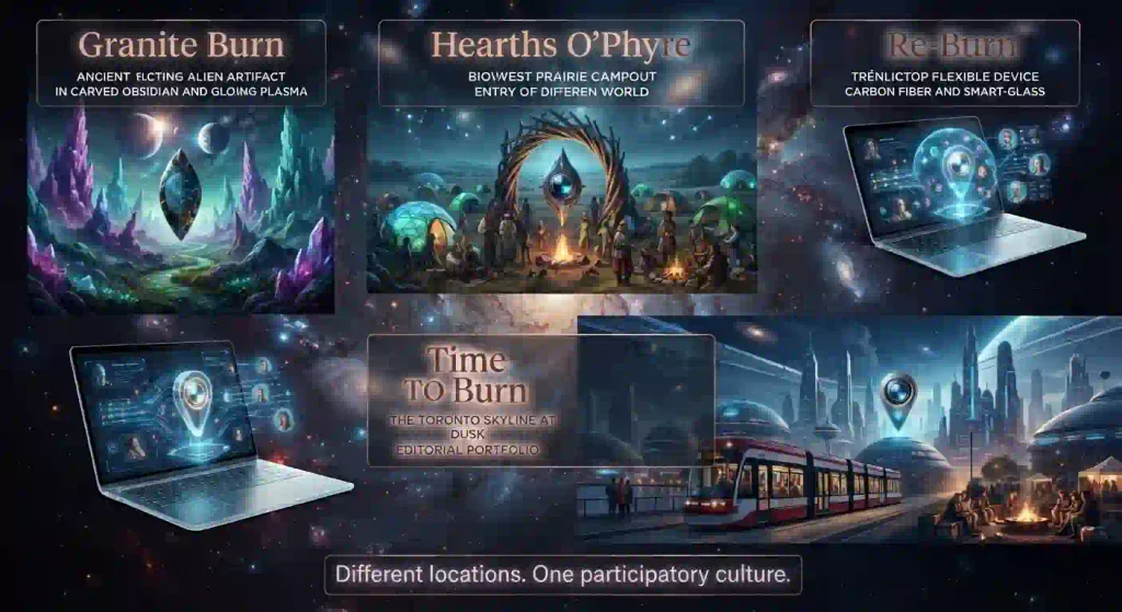 Infographic comparing Granite Burn in New Hampshire, Hearths O’Phyre in Iowa, Re-Burn online and Time TO Burn in Toronto