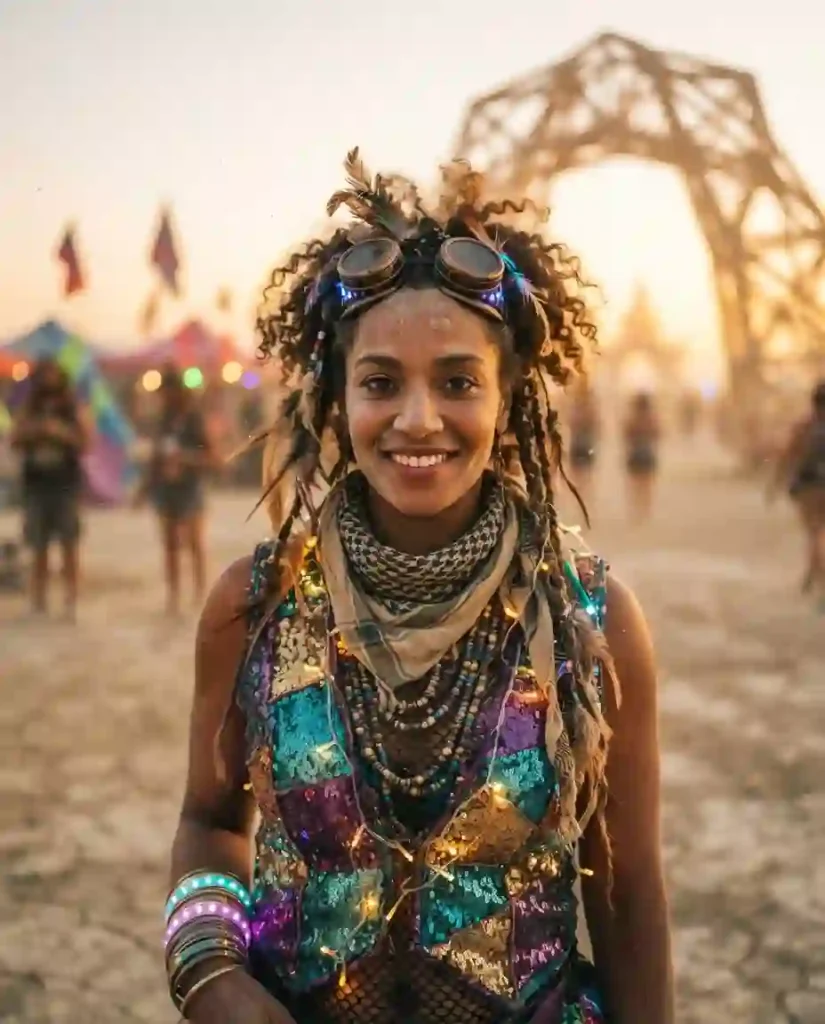 Confident Burning Man regional burn participant wearing colorful festival attire with art installation in background