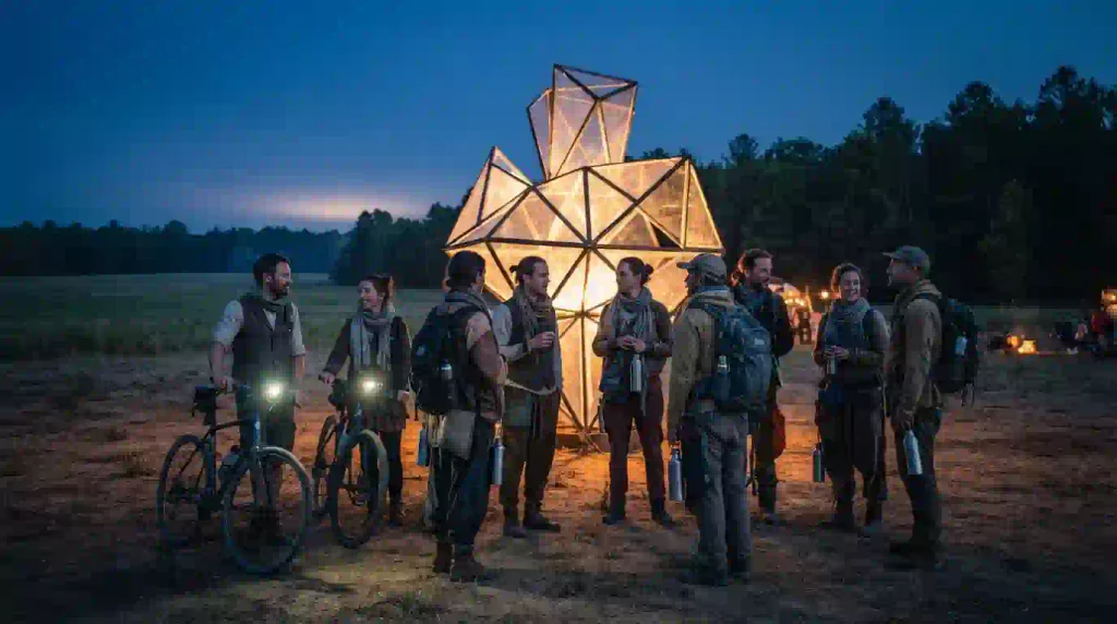 Burning Man Today: What Ends, What Continues & What Comes Next on September 29, 2026 4 Diverse Burner participants gathered beside illuminated art at dusk after a Regional Burn