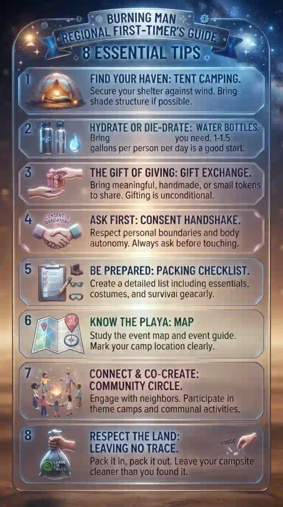 Infographic showing 8 essential first-timer tips for Burning Man regional burns including camping, gifting, and leaving no trace