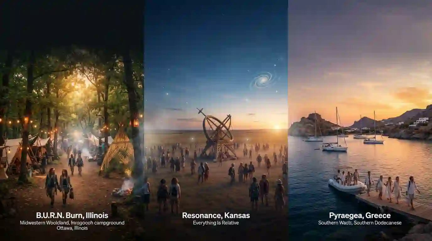 Burning Man Regional Burns September 20 2026 showing B.U.R.N. Burn Illinois, Resonance Kansas and Pyraegea Greece