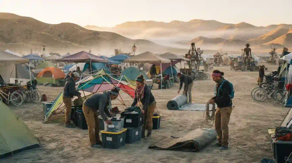 Burner community members packing tents and reusable bins during a final-day campsite teardown.