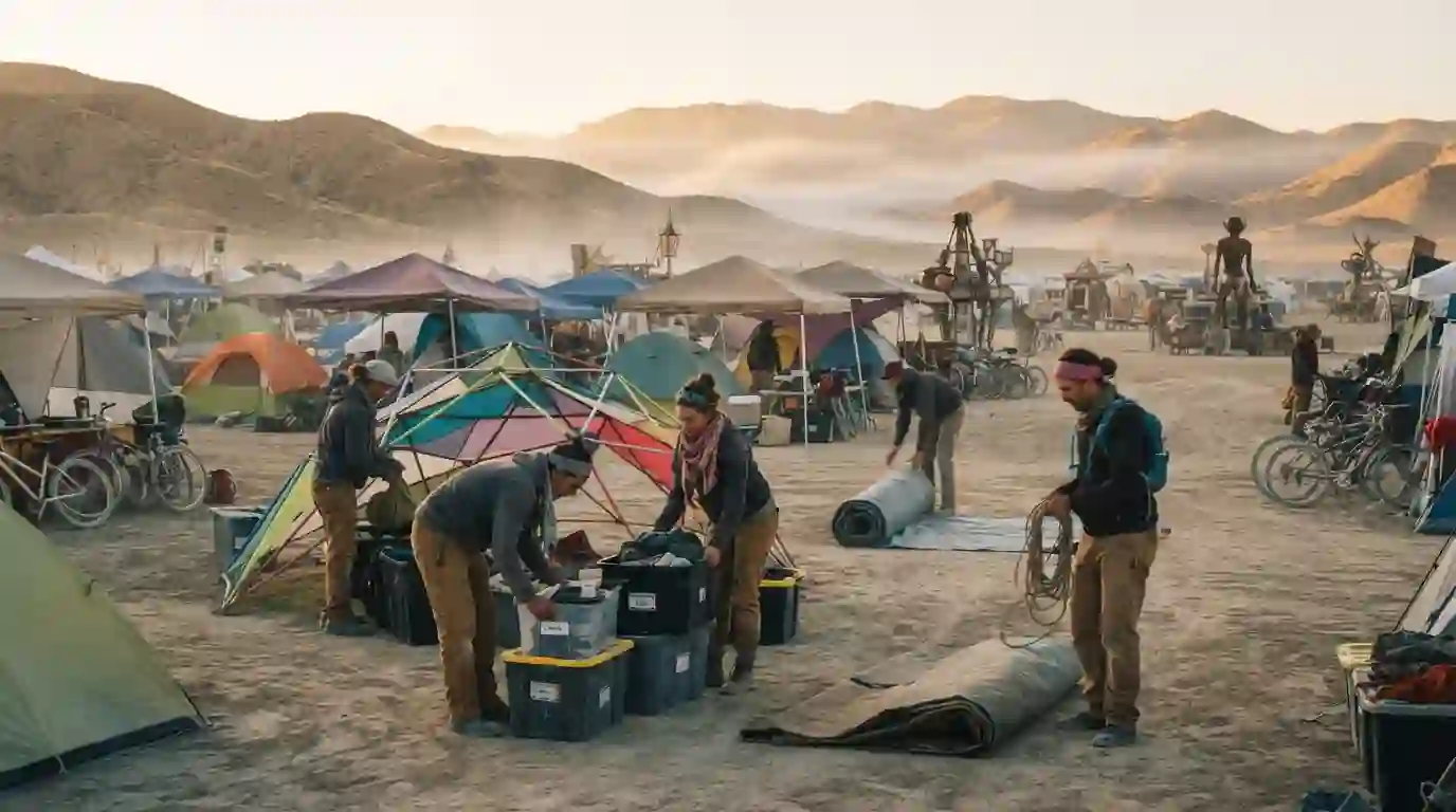 Burner community members packing tents and reusable bins during a final-day campsite teardown.