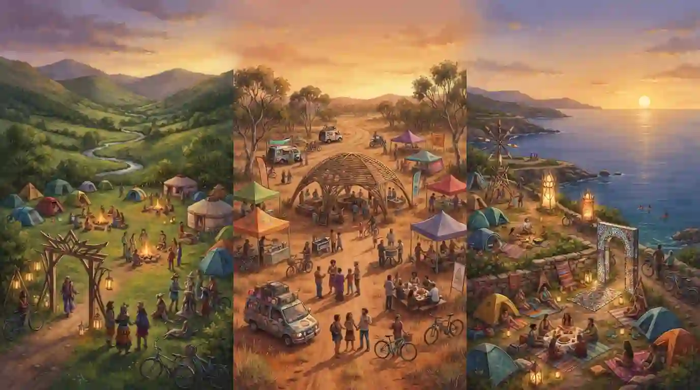 Burning Man Regional Burns update for September 14, 2026 featuring a Welsh valley, Australian landscape, and Greek coastal setting