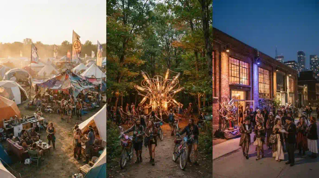 Three-part visual representing a camping Regional Burn, a New Hampshire art gathering, and a Toronto Decompression event