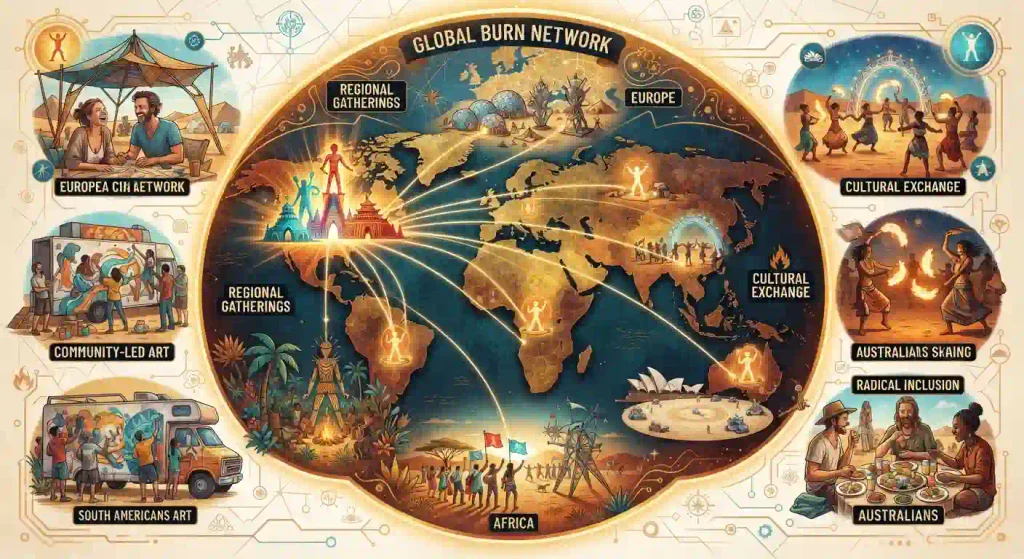 Concept image showing Burning Man regional events and community culture world map beyond Black Rock City