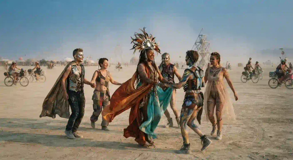 Burning Man participant in bold creative costume and body art expressing radical self-expression