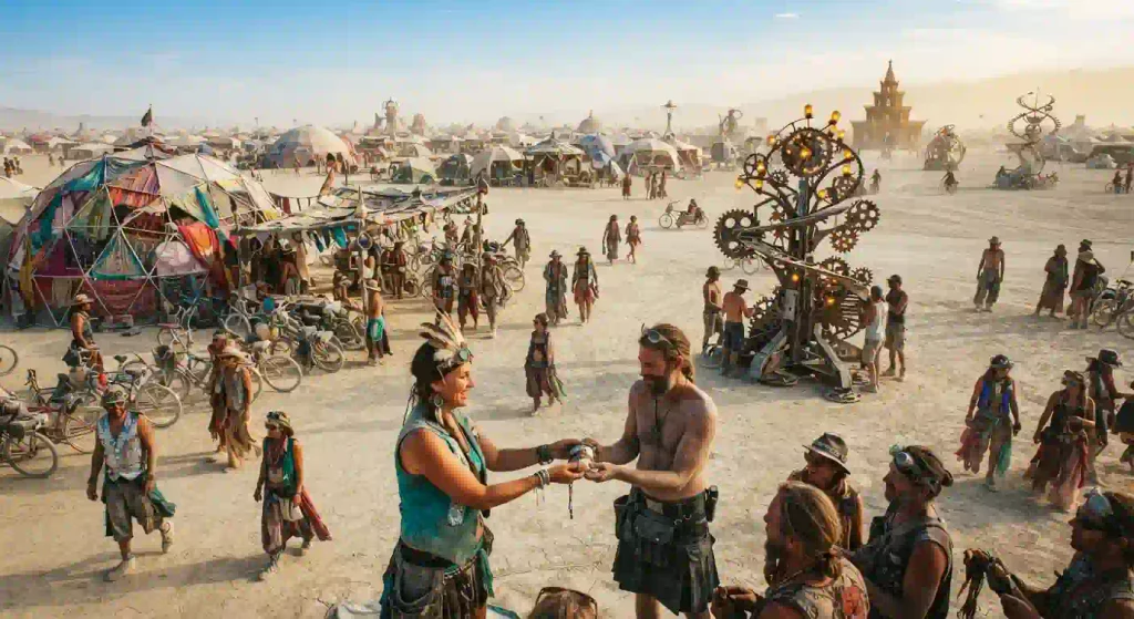 Community coffee camp at Burning Man with participants sharing breakfast and morning conversation