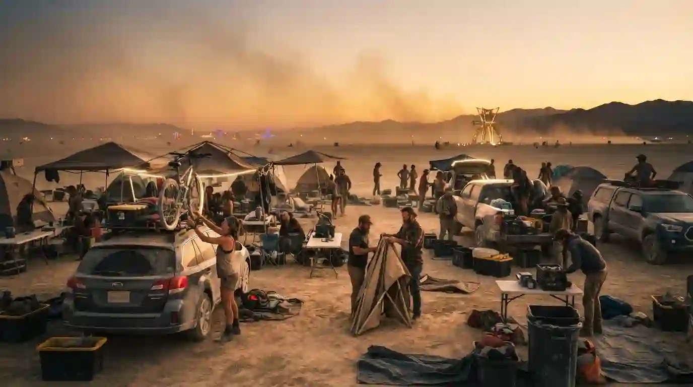 Burner community members at sunset packing camp gear after a Regional Burn and preparing for what comes next