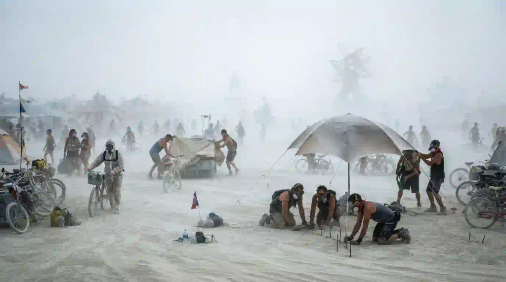 Burning Man 2026 whiteout and strong winds on the Black Rock City playa