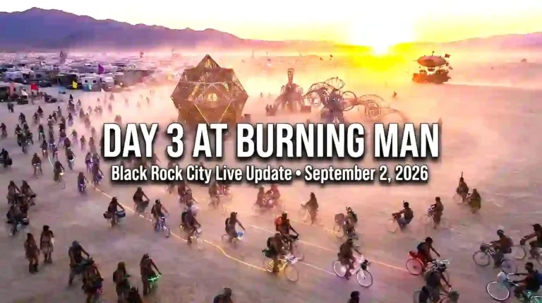Day 3 at Burning Man 2026 showing Black Rock City playa, art installations, camps and participants