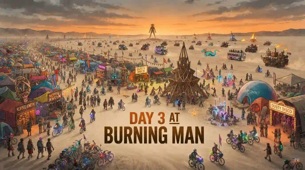 Day 3 at Burning Man 2026, with cyclists and art installations on the Black Rock City playa