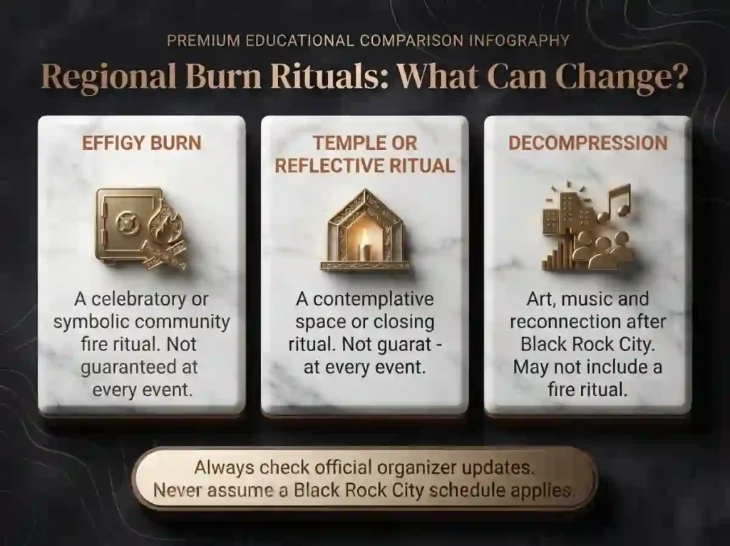 Infographic comparing an effigy burn, Temple-style reflective ritual and Burning Man Decompression event.