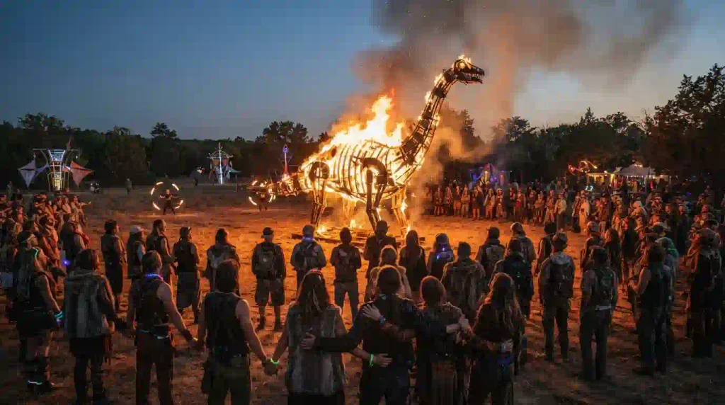 Burning Man Today: What Ends, What Continues & What Comes Next on September 29, 2026 8 Ember Oklahoma 2026 Jurassic Snark effigy burn surrounded by participants