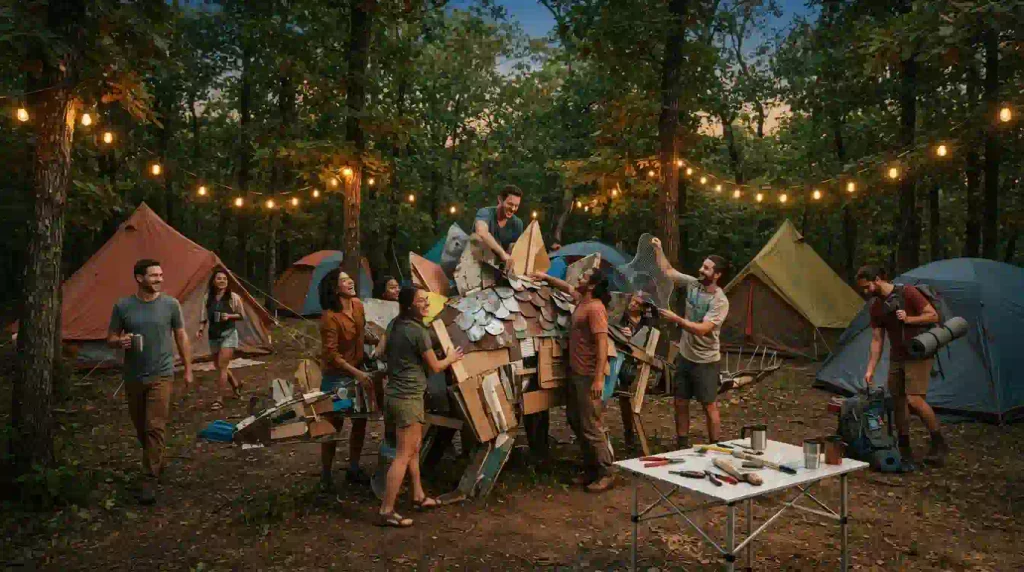 Adult campers at a creative wooded Oklahoma campout with dinosaur-inspired art and handmade decorations