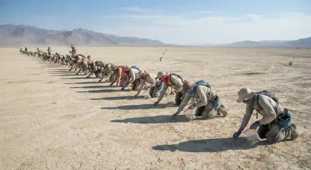 Burners doing a final MOOP sweep and cleanup on the playa after the event