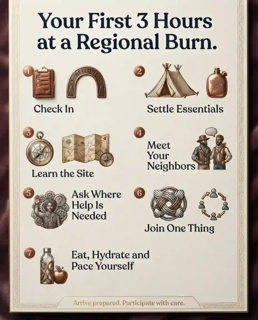 Checklist infographic showing what first-time Burners should do during their first three hours at a Regional Burn
