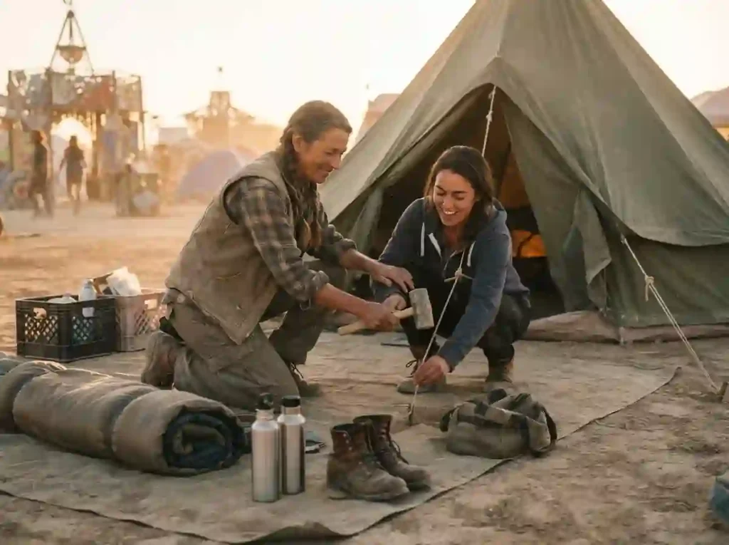 Experienced camper showing a first-time Burner how to secure a tent and organize camp gear.