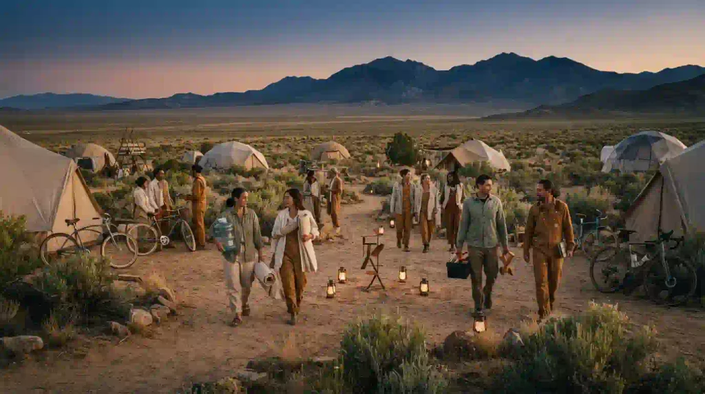 Burning Man Today: What Ends, What Continues & What Comes Next on September 29, 2026 6 Campers and artists gathered in a Nevada desert landscape at sunset, representing a post-Burn Fly Ranch community gathering