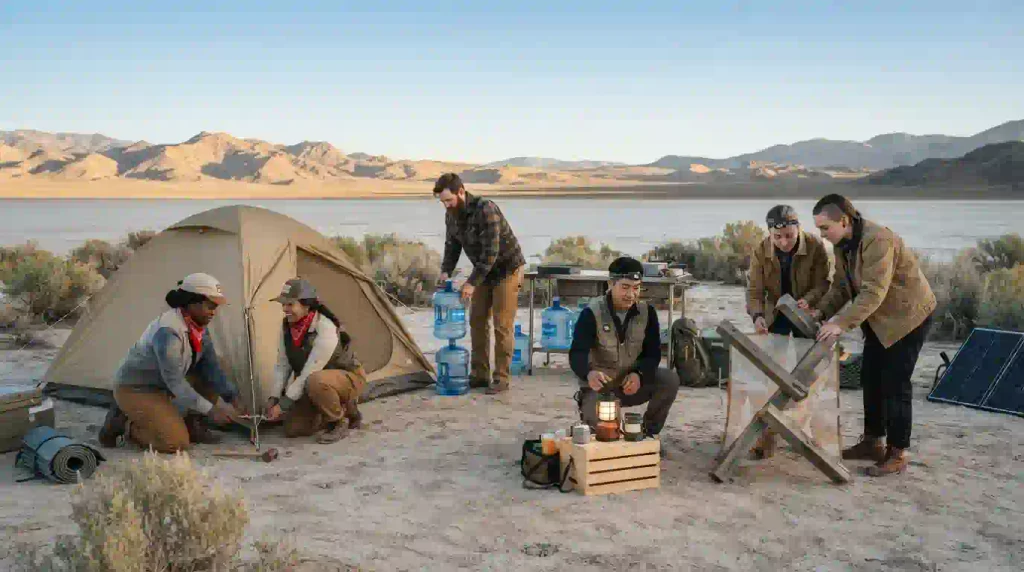 Adult campers set up tents, water storage and an abstract art project at a Nevada high-desert fall gathering.
