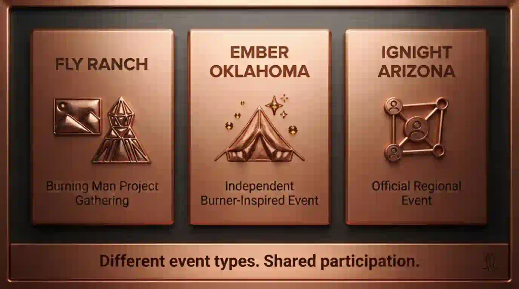 Comparison infographic showing the different Burning Man connections of Fly Ranch, Ember Oklahoma and IGNiGHT Arizona