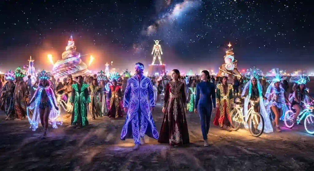 Burning Man Day 5 night fashion with LED clothing, glowing accessories, and playa style