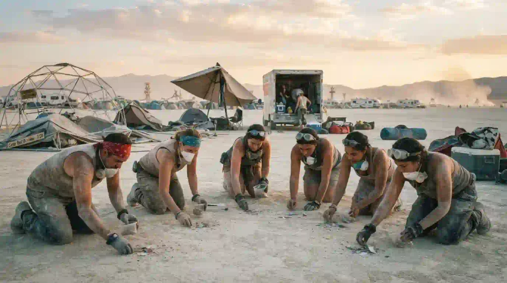  Burners doing final MOOP sweep of campsite, collecting debris from playa before leaving Burning Man 2026
