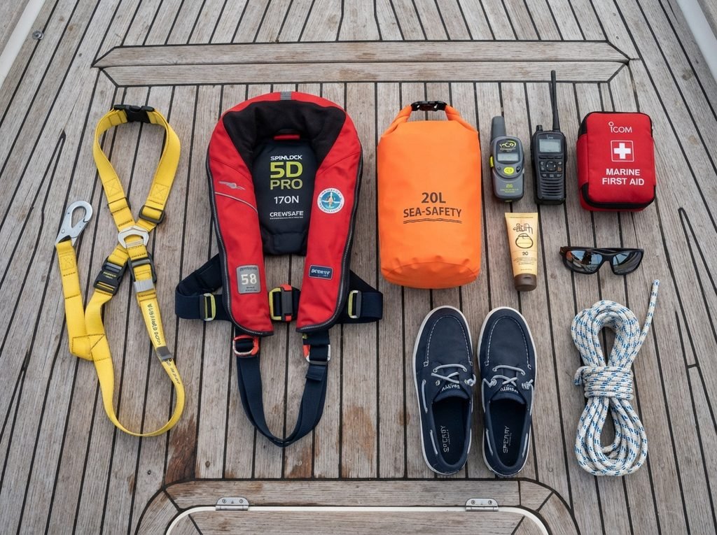 “Flat lay of Pyraegea sea‑based Burn safety gear including life jacket, harness, dry bag, and first‑aid kit for September 17 Regional Burns”

