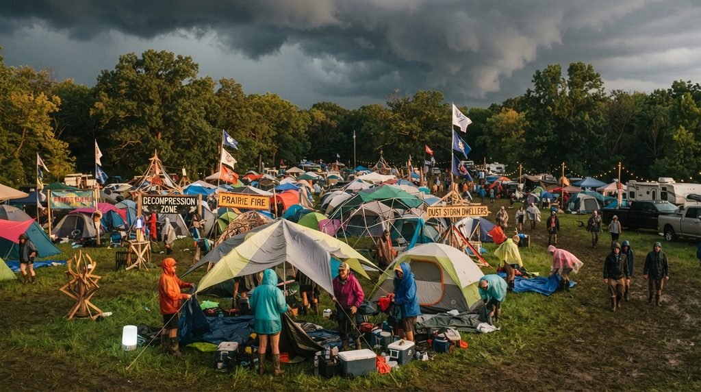  “B.U.R.N. Burn Illinois campsite with theme camps and art under stormy September skies during Regional Burns 2026”

