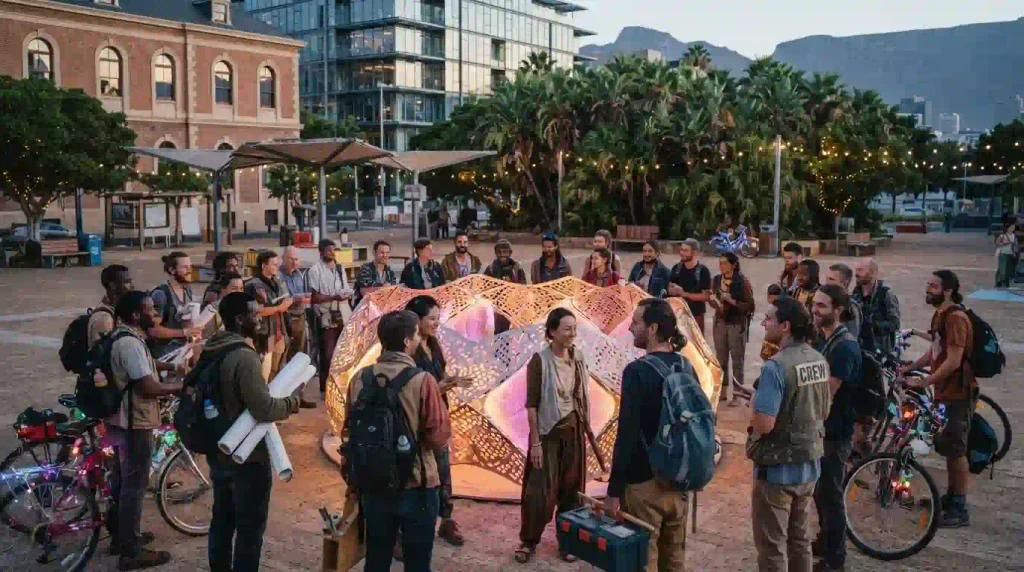 Diverse Burner community members gather around illuminated art, representing year-round regional events around the world