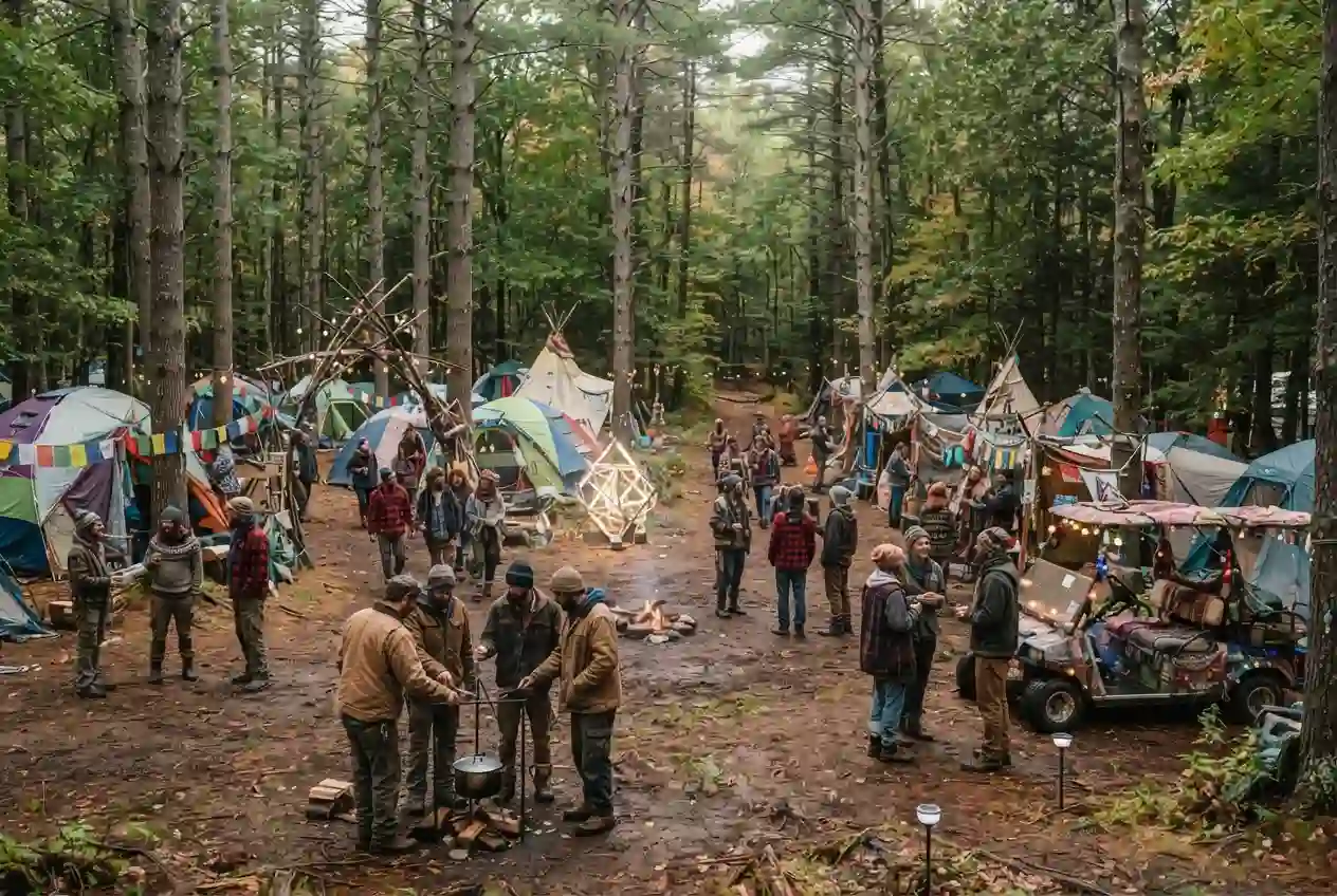 Forest campsite with colorful tents, art and Burners during a New Hampshire Regional Burn.