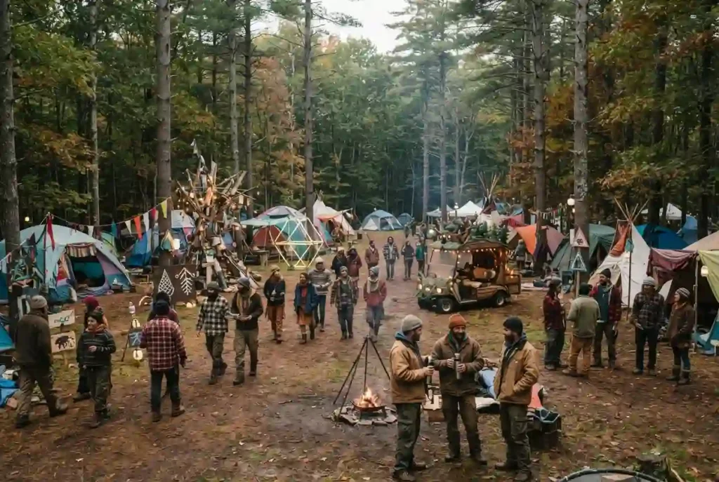 Colorful tents and participatory art among trees at a New Hampshire Regional Burn.