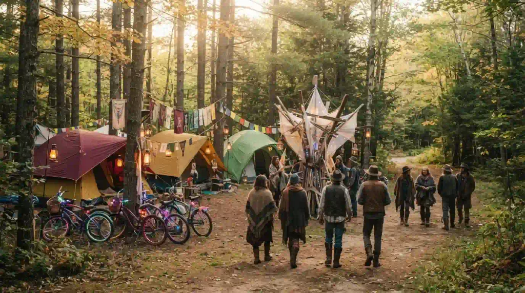 Illustrative forest campout scene representing Granite Burn 2026 in Chatham, New Hampshire
