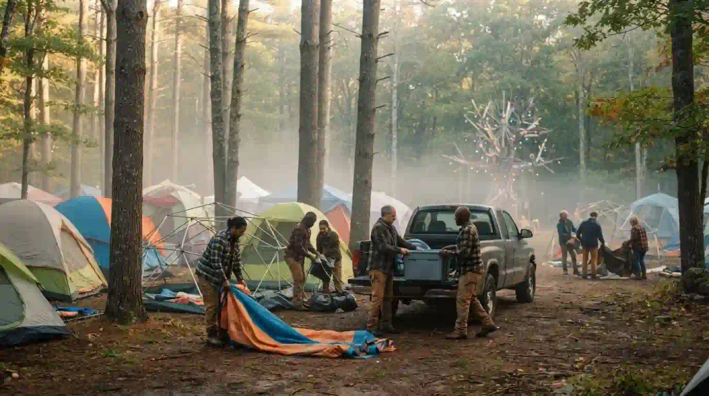 Burners pack a colorful forest campsite at sunrise on Granite Burn’s final day.