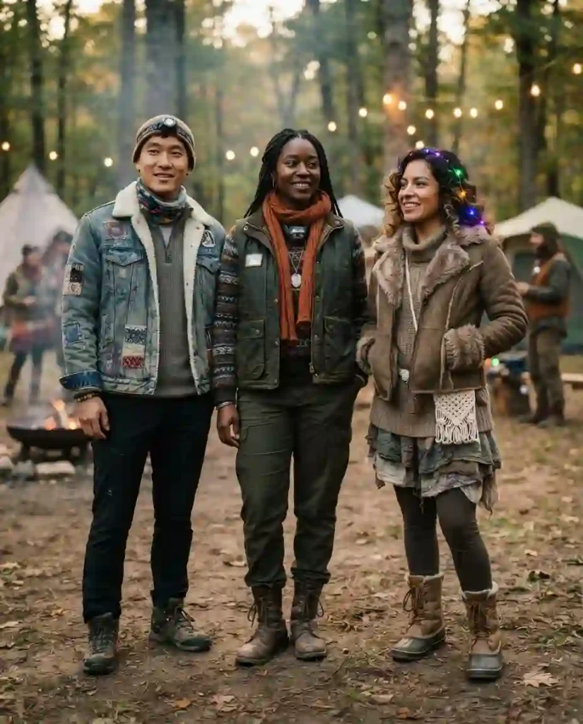 Three weather-ready adults wearing creative layered outfits at a Regional Burn