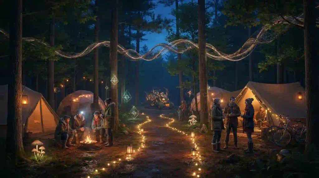 Editorial illustration of a forest Regional Burn campsite with glowing art, tents, bicycles and layered campers at night.