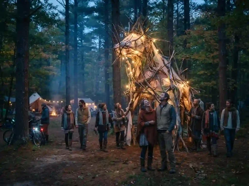 Interactive illuminated art sculpture among trees at a New Hampshire Burning Man-style Regional Event
