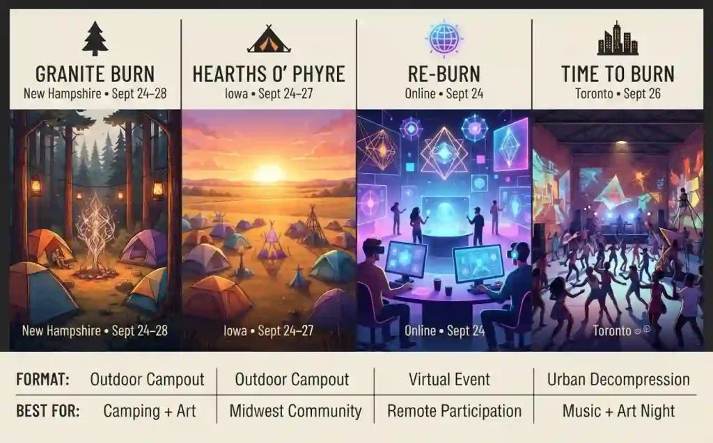 Comparison infographic showing forest campout, Iowa campground, virtual Burner event and Toronto Decompression formats