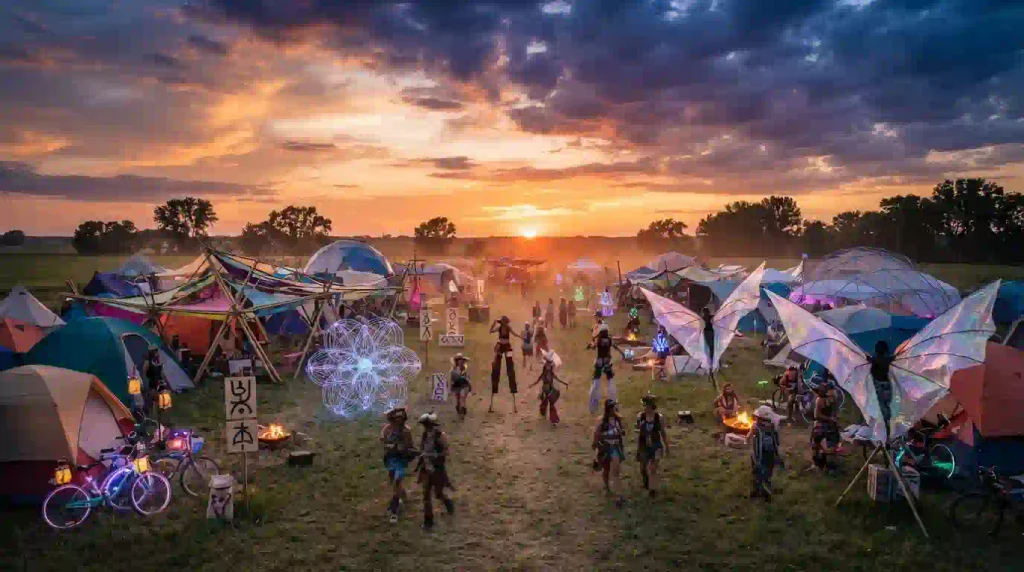 Illustrative Iowa campground scene representing Hearths O’ Phyre 2026 in Conesville