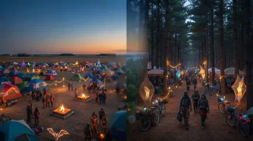 Split image comparing an Iowa campground Regional Burn with a New Hampshire forest Burning Man event.