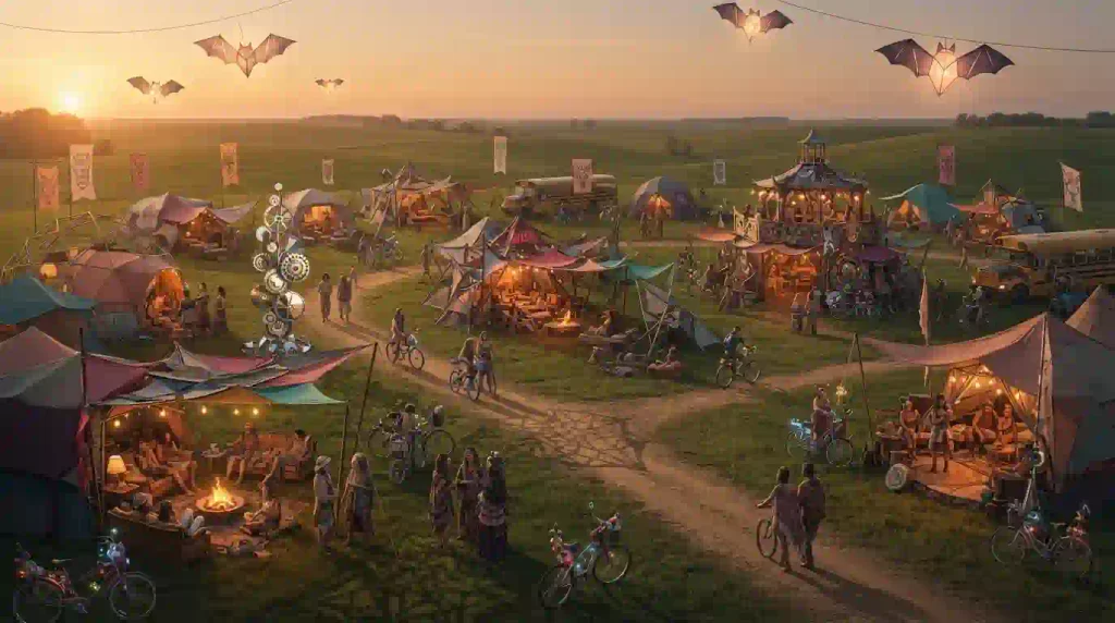 Editorial illustration of a creative Midwestern Regional Burn camp with art, lanterns and participants at sunset.