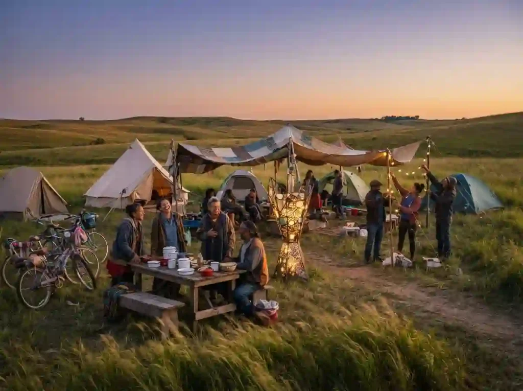 Participants gather around a community camp and glowing art at an Iowa Burning Man-style Regional Burn