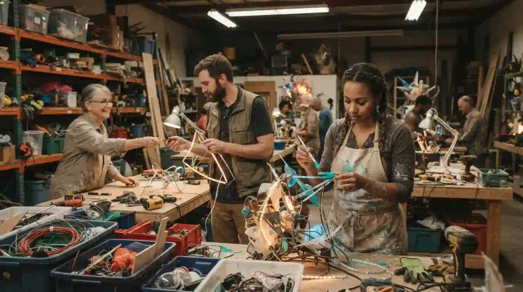 Burning Man Today: What Ends, What Continues & What Comes Next on September 29, 2026 5 Burner volunteers building an illuminated community art project in a workshop