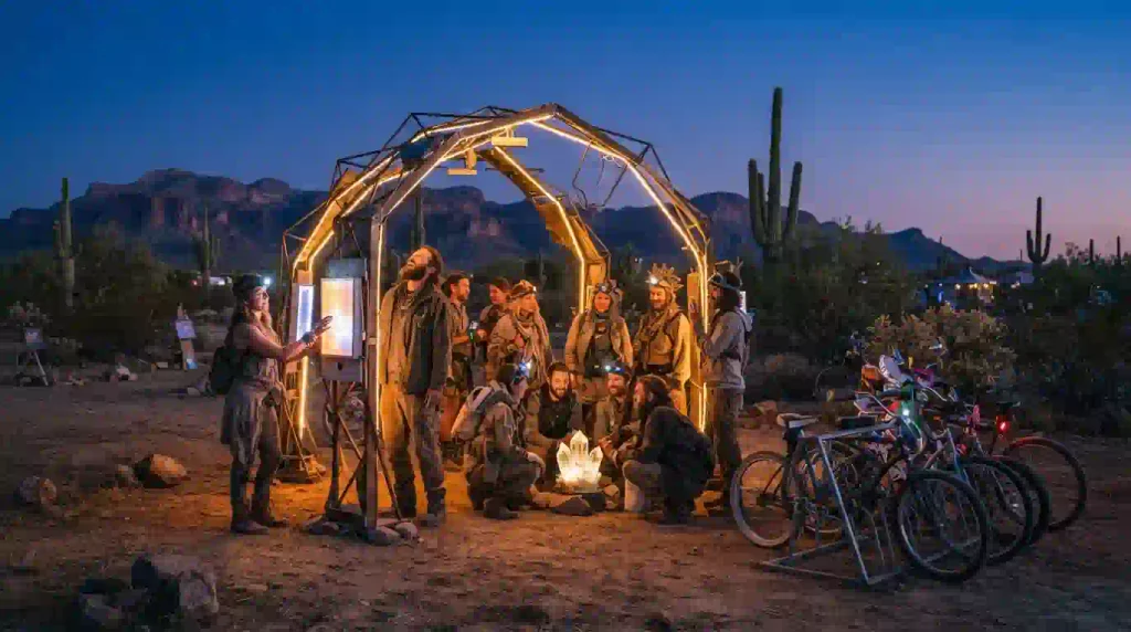 Burner participants viewing illuminated interactive art at a small Arizona desert community gathering