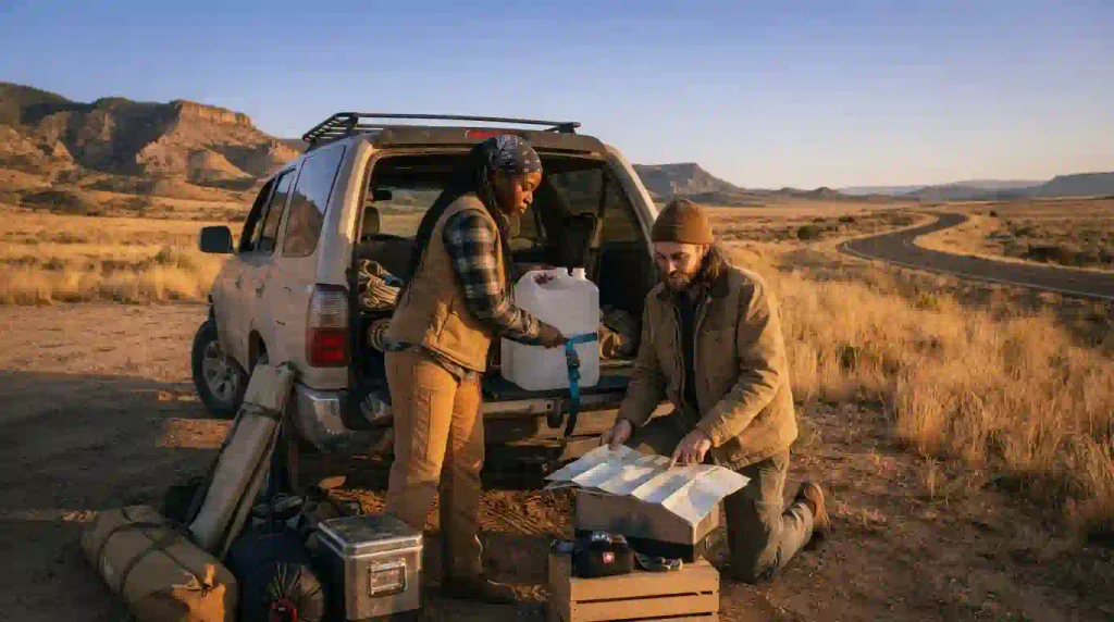Flat lay of water, headlamp, tent gear, warm clothing, first aid, maps and Leave No Trace supplies for Burner camping.