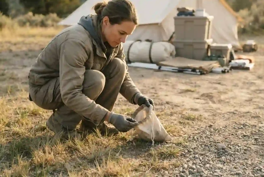 Camper performing a final MOOP sweep for small debris at a cleared Regional Burn campsite.