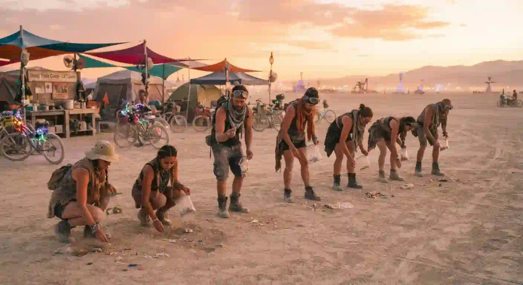 Burning Man 2026 Man Burn Is Tonight 9 Participants doing a MOOP sweep at camp, picking up tiny debris, sunset light, teamwork, practical environmental scene