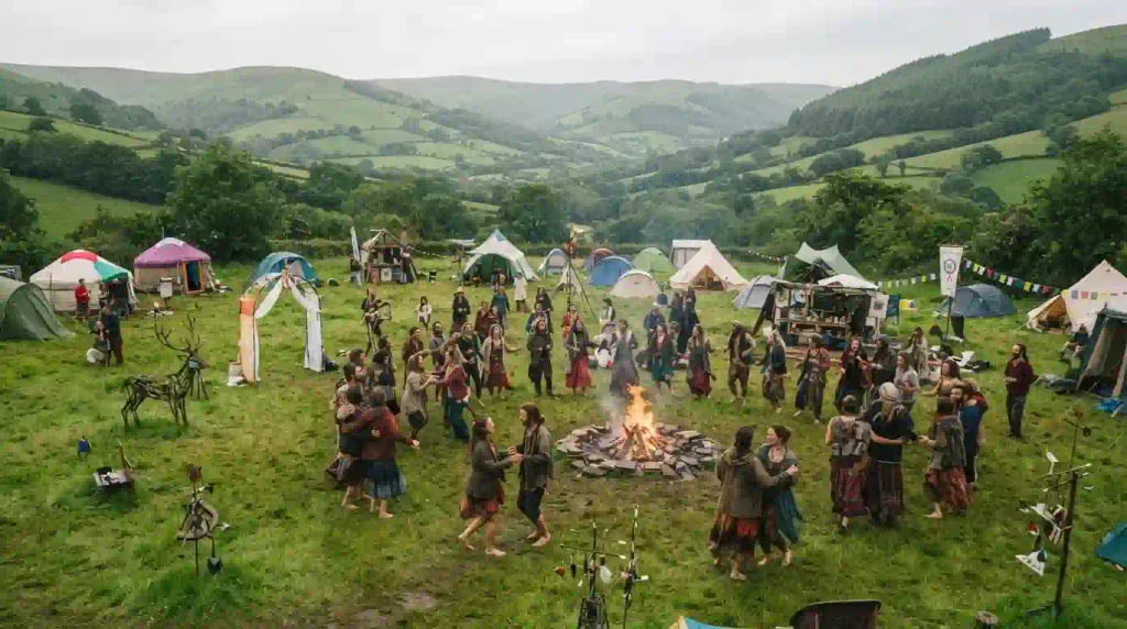 MicroBurn 2026 in a Welsh valley with tents, small art installations, and Burners dancing and connecting in nature