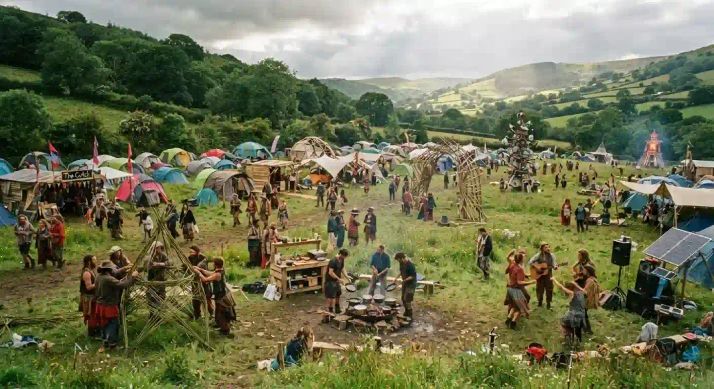 Participants camping and creating art in a Welsh valley in Powys during MicroBurn 2026, an official Burning Man Regional Event in the UK